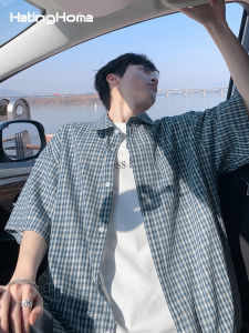 HetingHOME | Hetinghome Summer Plaid Loose Mens Short Sleeve Shirt Couples Fashion Artistic Style Polyester Cotton Blend Youth Popular