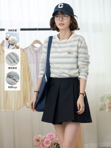 Áo Thun Nữ Cổ Tròn Kẻ Sọc Phong Cách Hàn Quốc Mùa Thu Đầu Tiên Thời Trang Mới 2025 Áo Thun Cotton Polyester Dài Tay Thường