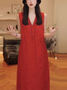 DANTING | Red Linen Loose Fit Womens Summer Dress