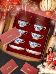 COMEPUSSI | Blue & White Bone China Coffee Cup Set Housewarming Wedding Gift