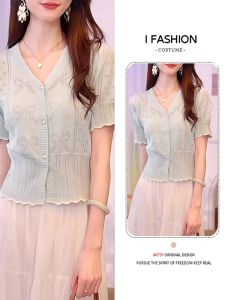 Shalldoer | เสื้อคาร์ดิแกนถักแขนสั้นผู้หญิง ทรงหลวม คอวี ระบายอากาศได้ดี น้ำหนักเบา ฤดูร้อน 2025 เสื้อตัวบนแบบใหม่