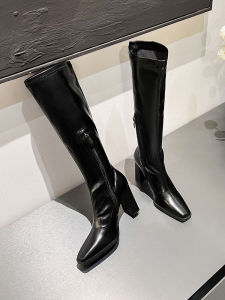 2023 Fall and Winter New Arrival Square Toe Knee High below the Knee Boots Slim Looking Knight Boots Womens Chunky Heel High Heel Black Boots