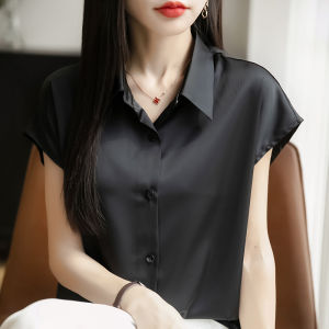 Silk Polo Shirt Ladies Loose Top Short Sleeve Acetate Thin Satin Ladies Fashion Workwear Straight Cut Pure Color Single Button