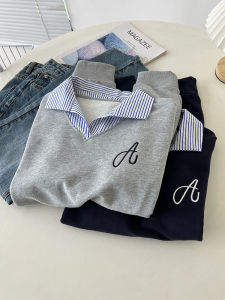 Korean Style Anti-Aging College Stripe Shirt Collar Sweatshirt Womens Fashionable Embroidered Loose Splicing Fake Two-Piece Top
