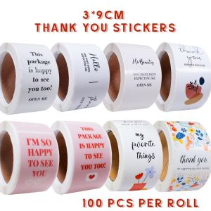 100pcs/Roll 3*9cm "This Package Is Happy To See You Too" Gift Sealing Labels Pink Thank You Stickers