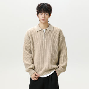 WUKONGYOUHUO | Vintage High End Solid Color Half Zip Polo Neck Sweater Male Autumn Loose Knit Top