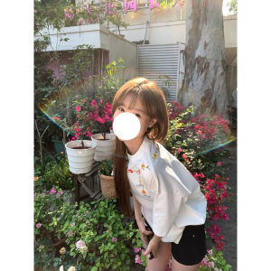 Elegant Embroidered White Necklace Short Sleeve T-Shirt Womens Summer Loose Versatile College Style Top Korean Version Cotton Pure