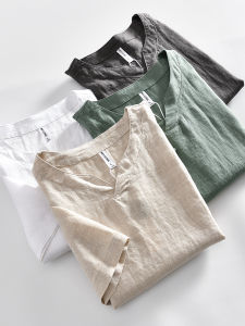 Premium Flax Short Sleeve T-Shirt V-Neck Breathable Casual Youth Popular Standard Fit Summer Fashion for Men in Basic Colors