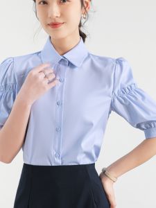 Blue Summer Shirt for Women Anti-Wrinkle Business Casual Commute Work Clothing Square Collar Loose Fit Short Sleeves