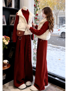 Shalldoer | Elegant Red Outfit Set for Autumn and Winter Seasonal Style Short Waistcoat V-Neck Sweater Pants Trio