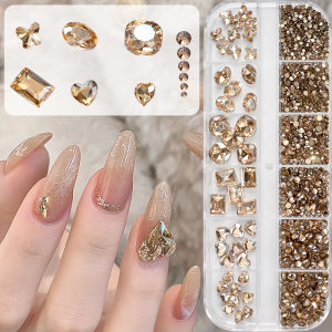 12 กริด 3D แชมเปญเล็บ Art Rhinestones ผสมรอบไขมันสแควร์หัวใจ ผีเสื้อแก้วเพชรเล็บ Charms DIY ตกแต่งเล็บ *