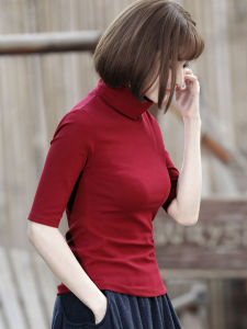 High Collar Half Sleeve Base Shirt Thin Large Size Early Spring New Style mid Sleeve Womens Top Seven Sleeve T Shirt