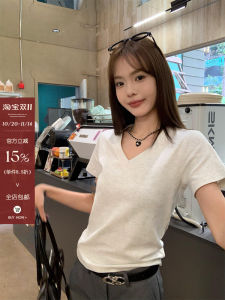 Song Zhengen Womens Slim Fit Short Sleeve T-Shirt V-Neck Pure Cotton Summer New Style White Flower Grey Korean Version Top