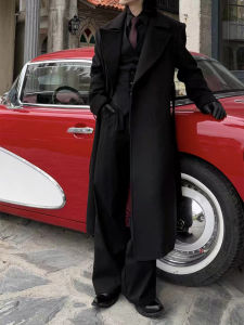 OUMULONG | British Style Black Red Inner Lined Padded Coat Winter Long Overcoat