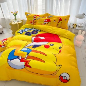 ชุดปลอกผ้านวม Pikachu คลุมเตียงโปเกมอนแบบเดี่ยวราชาราชินีสีเหลืองผ้านวมคลูมิ่ง ลายการ์ตูน
