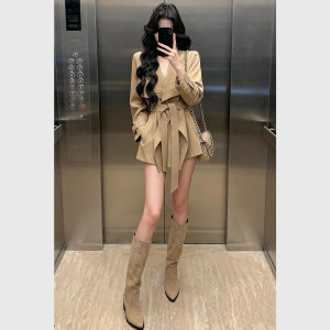 QFN | Tied Waist Turn-down Collar Khaki Coat