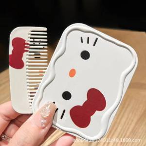 Takara Tomy | Anime Hello Kitty Portable Folding Small Mirror Set Kt Cat Cosmetic Mirror Class Pocket Mirror and Comb All-In-One Girl Gifts