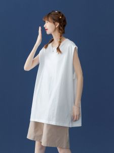 เสื้อยืดแขนกุดคอวีผ้าฝ้ายแท้สำหรับผู้หญิงไซส์ใหญ่ ทรงหลวม สีพื้น แฟชั่นฤดูร้อน ทรงหลวม ไม่มีแขน ความยาวปกติ