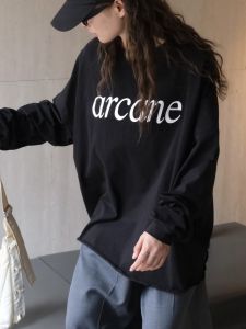 Loose Fit Long Sleeve Black Letter Print T-Shirt Womens Casual Style Korean Version Summer Cotton round Neck Mid-Length Top