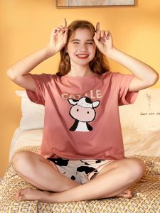 LUNILAI | Pure Cotton Summer Lightweight Cartoon Sleepwear Set For Women Casual Loose Home Clothes Thin Short Sleeve Round Neck Top