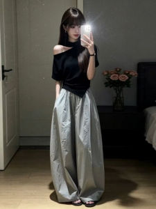 NIUVIES | Black One-shoulder Short Sleeve T-shirt with Wide Leg Pants Set