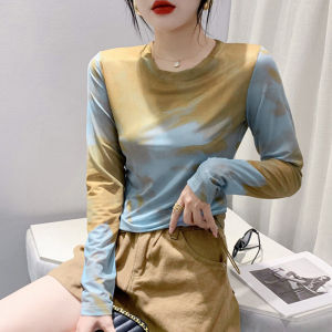 เสื้อยืดผู้หญิงแขนยาวทรงสลิมฟิตพิมพ์ลายผ้าตาข่ายฤดูร้อน 2024 เสื้อเชิ้ตผู้หญิงสไตล์ใหม่ ทรงสลิมฟิต เสื้อเชิ้ตผู้หญิง