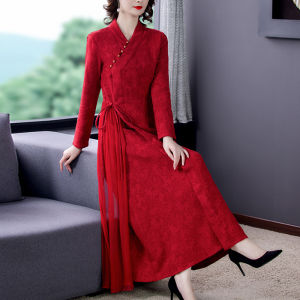 Autumn Winter V-neck Long Dress Tang Style Womens Fashion New 2024 Han Elements Reformed Version Hanfu Gown Chinese Vintage