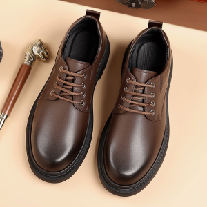 Leather Shoes Mens Autumn Winter British Brown Genuine Leather Formal Business Casual Derby Mens Shoes Big Head Heightening Grooming Shoes