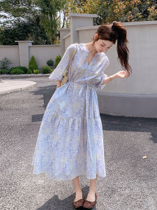 Pastel Purple Floral Print Midi Dress Womens Summer 2025 New Style Tea Break French Waist Cinching Slimming Beautiful Long Dress