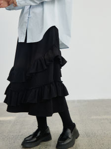 Black TR Half-length A-line Skirt with Irregular Lace Hem for Women Commute Simple Style Elastic Waist Midi Skirt