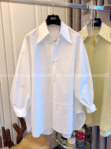 เสื้อเชิ้ตคอแหลมสีดำหลวมๆ สำหรับผู้หญิง ฤดูใบไม้ผลิและฤดูใบไม้ร่วง เสื้อเชิ้ตทรงหลวมๆ ทรงเข้ารูป เสื้อเชิ้ตแขนยาวแบบลำลอง