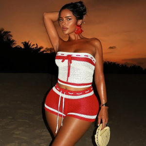 Crochet Tie Crop Top Set Knitted Wrap around Bikini Shorts Ensemble Sport Yoga Fitness Fan Gear Swimwear without Brand
