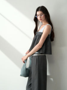 LaluneDuCiel Casual Spicy Girl Fake Two-Piece Vest Women Summer Color Block Top Fashion Set Straight Leg Pants Polyester
