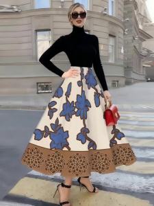 Printed Design Four Seasons Casual Style Blue Flower Brown Border Pattern Half Skirt