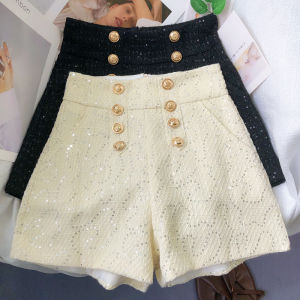 Slimming High Waist Wide Leg Pants Short Shorts Womens Double Button Shiny Tassel Thickened Wool Autumn Winter New Style