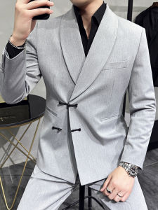 Chinese Style Button up Shirt Collar Slim Fit Mens Suit Jacket Fashionable Urban Casual Western Style Two Piece Set