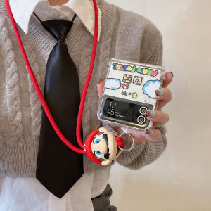 Transparent Folding Screen Frog Mario Phone Case for Samsung ZFlip6/5/4/3 Full Cover Protective Shell with Handheld Rope Cute Cartoon Style