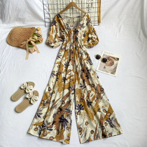 Summer 2023 High Waist Wide Leg Jumpsuit Bubble Sleeve V-Neck Print Backless Belted Long Pants French Style Retro One-Piece Suit