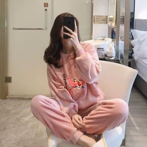 Pajamas Womens Winter Flannel K-style Long-Sleeved Thickened Velvet Coral Fleece Cute Autumn and Winter Homewear Suit Women