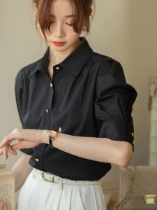 Shirt Womens Summer Fashion Dignified Sense of Design Niche Short Sleeve Puff Sleeve Black Formal Wear Fancy Half Sleeve Top