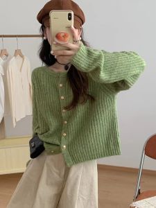 สีเขียว หมีแขนยาวถัก คาร์ดิเกน แจ๊กเก็ต ผู้หญิง ฤดูใบไม้ผลิ สไตล์ขี้เกียจ หลวม สลิม เสื้อสเวตเตอร์ เสื้อท่อนบน แจ๊กเก็ต