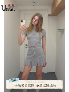 Uena American Retro Grey Knitted Short Sleeve T-Shirt And A-Line Mini Skirt Set Womens Fashion Spring Collection Polyester Nylon Acrylic Blend