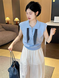 YUEZHONGWEI | Áo thun tay ngắn cổ polo màu xanh lam cho nữ mùa hè thiết kế ôm vừa vặn tay áo phồng Áo thun cổ polo thường ngày