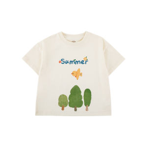 YOEHYAUL Kids Loose Short Sleeve T-Shirt Ribbed Collar Micro Shoulder Drop Summer Casual Cotton Blend Cartoon Print Top for Girls