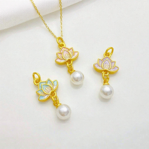 Handmade DIY Vintage Gold Plated Pearl Pendant Drop Earrings Necklace Jewelry Accessories Small Drip Lotus Flower Design