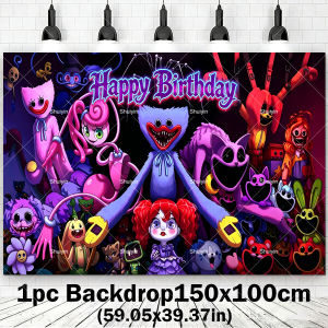 Beast Kingdom | Cartoon Huggy Wuggy Birthday Decorations Party Supplies Smiling Critter Backdrop Balloons Banner Cake Topper Halloween Decor Set