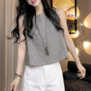 BINKAFENNY | Plus Size Summer Plaid Strap Vest Womens Loose Short Sleeveless Top Outerwear Beautiful Commute Style Round Neck Print Design