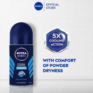 NIVEA Men Deodorant Male Cool Powder Roll On Mens Grooming Anti Perspirant No Sweat & Stain Personal Care (50ml)(Deodoran Lelaki)