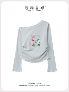 Slim Fit Short Sleeve Womens T-shirt Shoulder Baring Long Sleeve Cotton Blend Stretch Fabric Casual Short Top for Autumn