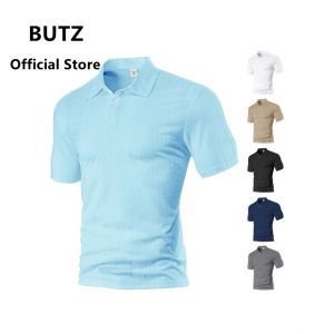 BUTZ ผ้าลินินเลียนแบบผู้ชายแขนสั้นสีทึบใหม่2025เสื้อโปโลผู้ชายเสื้อคอปกสี่เหลี่ยมเล็กฤดูร้อน
